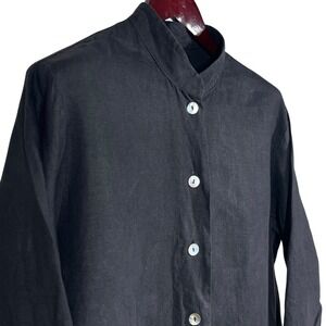 Vintage Heydari Button Front Oversized Shirt Sz M Black 100% Linen Lagenlook USA
